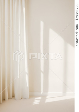 Minimalistic background with blurred shadow on pastel color wall and curtains 129341720