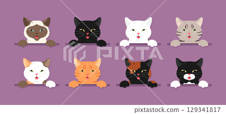 Cats with different fur colors. Cats of different colors. Vector illustration. 129341817