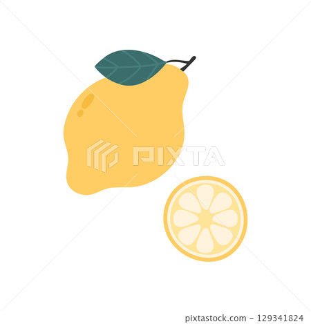 Hand drawn lemon with a slice. Cartoon fruit. Vector illustration 129341824