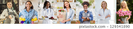 A row of six smiling diverse women in various professions and businesses. Multiracial ladies posing at their workplaces, web-banner 129341890
