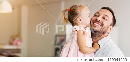 Little Girl Kissing Her Dad On The Cheek, Happy Father. Side view, selective focus. 129341933