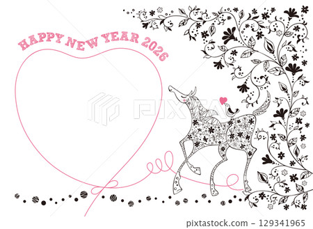 2026 年新年賀卡,圖案為一匹馬,背上有一隻鳥和小花,還有一顆心 - 黑色和粉紅色 2026 年新年賀卡,圖案為一匹馬,背上有一隻鳥和小花,還有一顆心 - 黑色和粉紅色 129341965