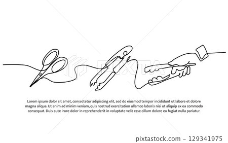 Continuous line design of scissors and food tongs. Single line decorative element drawn on white. Continuous line design of scissors and food tongs. Single line decorative element drawn on white. 129341975