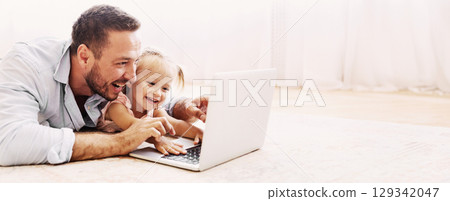 Family Time. Father and daughter making video call to mother using laptop on the floor. Copy space 129342047