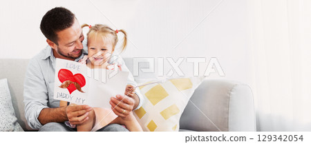 Happy Father's Day Concept. Daughter congratulating dad and giving him postcard with Love my daddy text, copy space 129342054