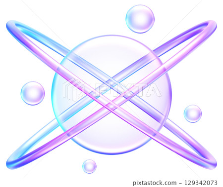 3D atomic structure icon in purple blue glass, symbolizing science, physics, innovation, and technology 129342073