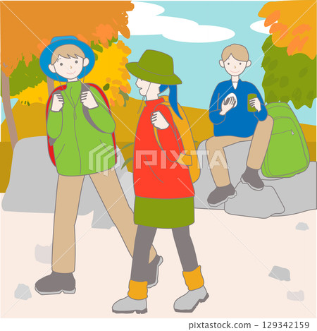 Illustration of people enjoying hiking and trekking in the autumn fields and mountains 129342159