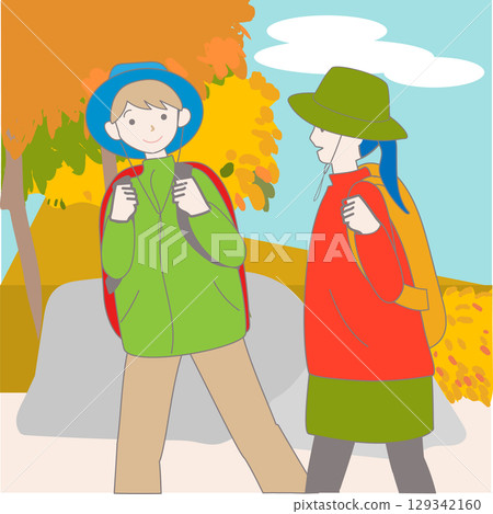 人們在秋天的田野和山脈中享受徒步旅行和徒步旅行的插圖 人們在秋天的田野和山脈中享受徒步旅行和徒步旅行的插圖 129342160