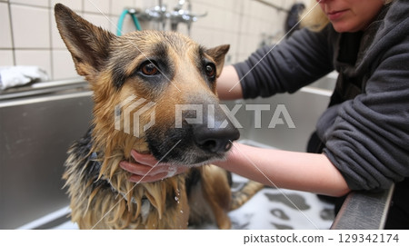Caring owner washes German Shepherd in animal shelter bathroom for cleanliness and comfort 129342174