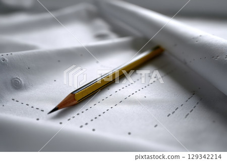 Precision pattern paper with ruler and pencil for creating garments in a sewing workshop Precision pattern paper with ruler and pencil for creating garments in a sewing workshop 129342214