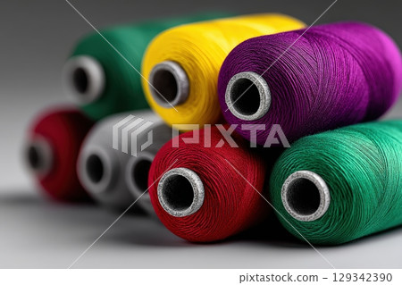 Colorful thread spools stacked on a soft surface for sewing and crafting activities Colorful thread spools stacked on a soft surface for sewing and crafting activities 129342390