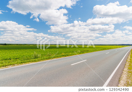 Endless asphalt road stretching through a summer landscape of green fields under a sunny sky Endless asphalt road stretching through a summer landscape of green fields under a sunny sky 129342490
