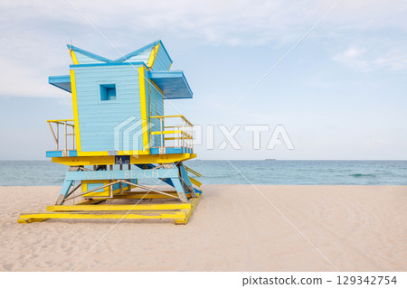Colorful lifeguard tower on Miami Beach 129342754