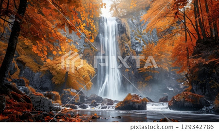 A majestic waterfall cascades down rocky cliffs, framed by vibrant autumn leaves in shades of orange and yellow. Mist rises from the base, creating a serene atmosphere. 129342786