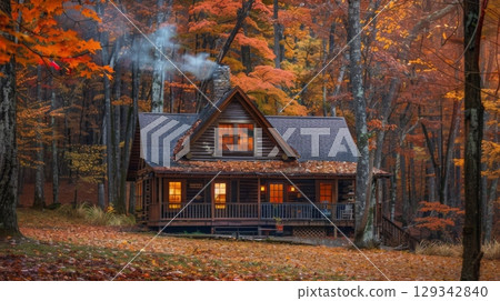 A charming log cabin nestled in a forest of vibrant autumn foliage, with smoke gently rising from the chimney as the sun sets. 129342840