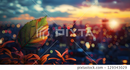 Autumn leaves on the background of the city at sunset, Autumn background - Ai generated 129343029