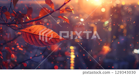 Autumn leaves on the background of the city at sunset, Autumn background - Ai generated 129343030