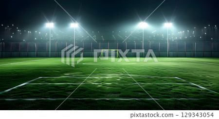 Soccer stadium at night with lights and fog in the background - Ai Generated 129343054