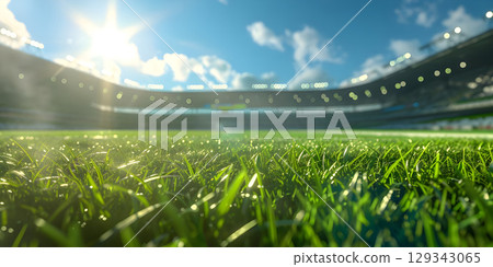 Close-up of green grass with bokeh lights on football stadium - Ai Generated 129343065
