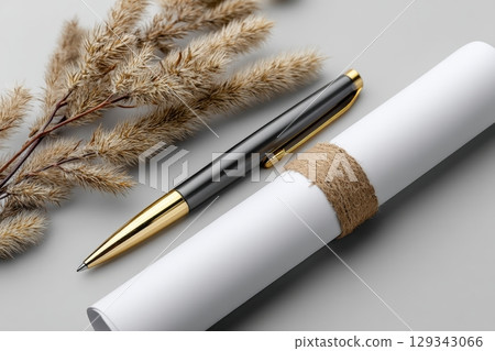 Elegant diploma scroll with a pen resting on a neutral background surrounded by natural elements 129343066