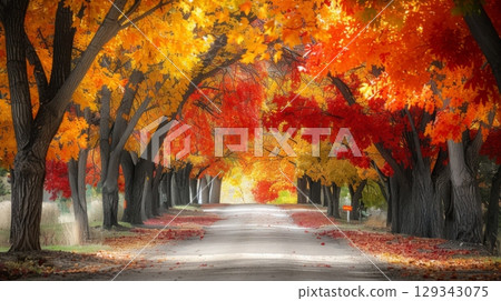 A serene country road lined with brilliant red, orange, and yellow maple trees creates a picturesque autumn landscape. A serene country road lined with brilliant red, orange, and yellow maple trees creates a picturesque autumn landscape. 129343075