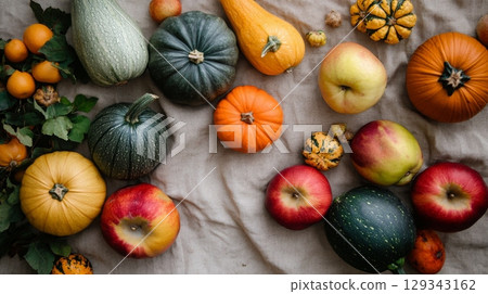Freshly harvested pumpkins, apples, and squash are displayed on a soft linen cloth, showcasing vibrant autumn colors. Freshly harvested pumpkins, apples, and squash are displayed on a soft linen cloth, showcasing vibrant autumn colors. 129343162