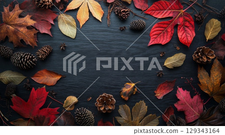 Autumn leaves in vibrant colors and pine cones are artistically arranged on a dark wooden surface, creating a seasonal display. 129343164