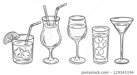 Vector illustration of various cocktail glasses with ice cubes, straws, and lemon slices. Drawn in outline style. 129343194