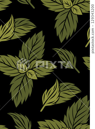 Vector seamless pattern with hand drawn mint leaves. Peppermint texture on black background. Leaves backdrop Vector seamless pattern with hand drawn mint leaves. Peppermint texture on black background. Leaves backdrop 129343200