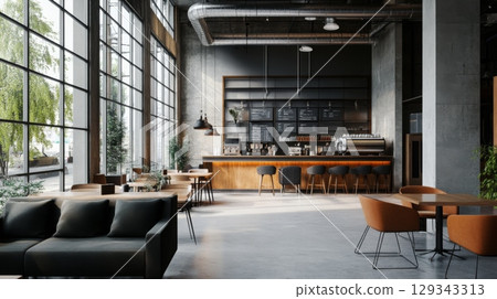 A stylish coffee shop features large windows letting in natural light, minimalist furniture, and an inviting counter area, creating a warm atmosphere for customers. 129343313