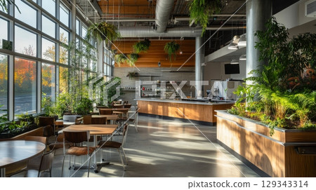 A spacious cafe features large windows with natural light, wooden furnishings, and indoor plants creating a vibrant atmosphere. A spacious cafe features large windows with natural light, wooden furnishings, and indoor plants creating a vibrant atmosphere. 129343314