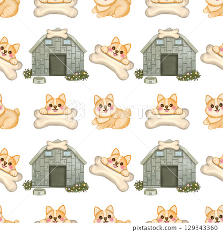 Seamless Pattern Kawaii playful Corgi and Shiba Inu dogs in various poses, Dog equipment Hand drawn. Seamless Pattern Kawaii playful Corgi and Shiba Inu dogs in various poses, Dog equipment Hand drawn. 129343360