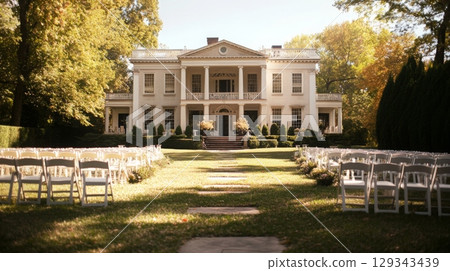 A beautiful outdoor wedding ceremony is set up in front of a historic mansion with white chairs arranged on a manicured lawn, framed by vibrant autumn foliage. A beautiful outdoor wedding ceremony is set up in front of a historic mansion with white chairs arranged on a manicured lawn, framed by vibrant autumn foliage. 129343439