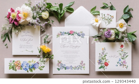 A beautifully arranged set of wedding invitations and stationery featuring delicate floral designs in various colors, complemented by fresh greenery and blossoms on a textured background. 129343440