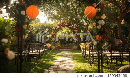 A beautifully arranged outdoor wedding ceremony features floral arches, lanterns, and elegant seating in a vibrant garden setting. 129343468