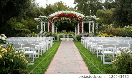 A charming garden venue is prepared for a wedding, featuring white chairs arranged in rows and a floral arch as a backdrop surrounded by vibrant flowers. A charming garden venue is prepared for a wedding, featuring white chairs arranged in rows and a floral arch as a backdrop surrounded by vibrant flowers. 129343483