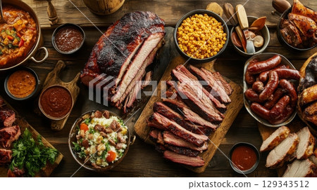 A wide array of barbecued meats, including brisket and sausages, is served alongside sides and sauces on rustic wooden tables. 129343512