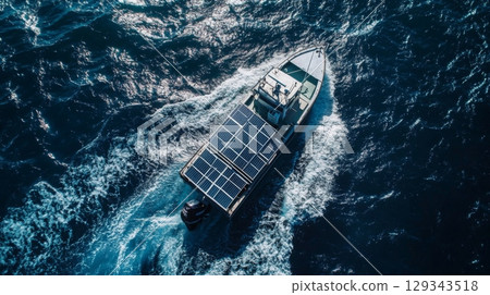 A solar-powered boat glides smoothly over clear ocean waters, with sunlight reflecting off the surface and solar panels prominently displayed on the deck. 129343518