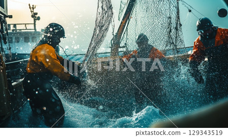 Fishermen work diligently to haul in their nets as waves crash around them, capturing the early morning light. 129343519