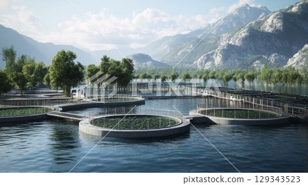 A serene aquaculture farm features circular fish tanks surrounded by lush greenery and mountains, showcasing sustainable farming practices in a calm water setting. 129343523
