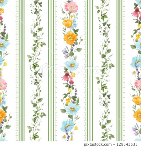 Trendy stylish Vertical Striped floral pattern with wild flowers and intertwining leaves. vintage style pattern. Design for fashion , fabric, textile, wallpaper , wrapping and all prints Trendy stylish Vertical Striped floral pattern with wild flowers and intertwining leaves. vintage style pattern. Design for fashion , fabric, textile, wallpaper , wrapping and all prints 129343533