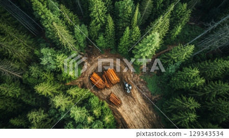 Lumber is stacked on the ground while machinery works in a lush green forest, highlighting timber operations. Lumber is stacked on the ground while machinery works in a lush green forest, highlighting timber operations. 129343534