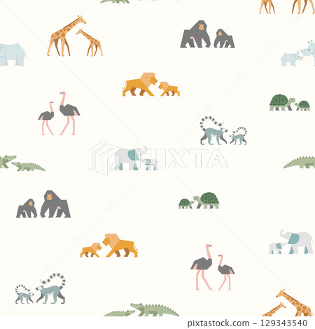 Seamless Vector Animal Pattern, Cute Safari Animal in Minimal Flat Style for Kids Fabric, Wallpaper, Nursery Decor and Packaging Design 129343540