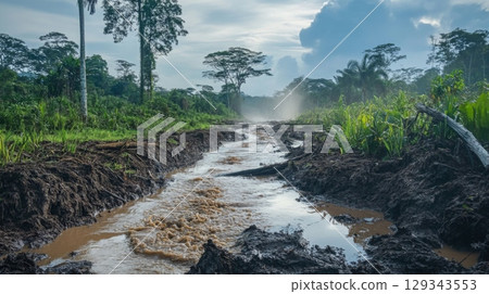 A narrow waterway flows through a vibrant tropical landscape, surrounded by dense vegetation and towering trees under a bright morning sky. 129343553