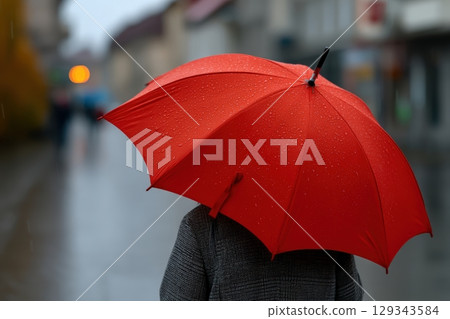 Vibrant red umbrella contrasts with rainy street in urban setting during gloomy weather Vibrant red umbrella contrasts with rainy street in urban setting during gloomy weather 129343584