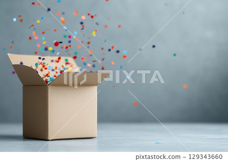 Confetti bursts from a brown cardboard box in a festive indoor setting Confetti bursts from a brown cardboard box in a festive indoor setting 129343660