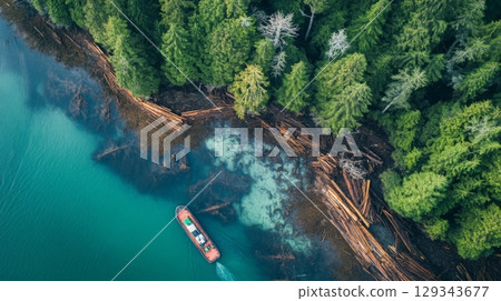 A logging boat navigates the tranquil waters adjacent to a lush forest, surrounded by fallen logs and vibrant green trees. 129343677