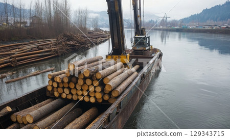 A barge loaded with logs moves along the river, surrounded by timber stacks and forested hills on a cloudy day. 129343715