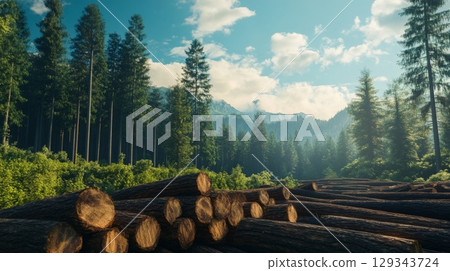 Sunlight filters through tall trees as cut logs are stacked in a lush forest setting surrounded by mountains. 129343724
