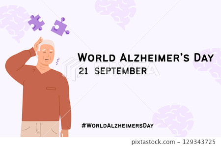 World alzheimer day awareness horizontal banner with elderly man feeling unwell, confused, signs of memory loss. Concept of dementia disease prevention poster template for social media. Vector. 129343725